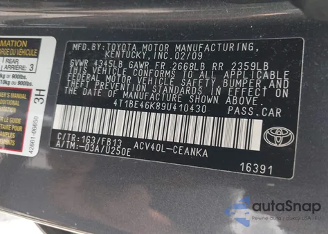 2009 Toyota Camry Le из США, поврежденный, VIN 4T1BE46K89U410430